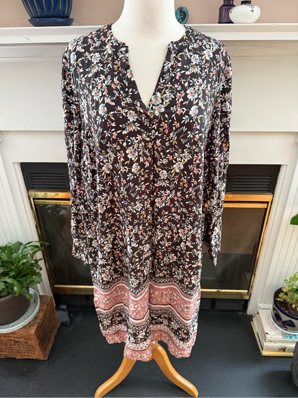 J. Jill Brown Earthtones Floral Long Sleeve V-Neck Preppy Dress